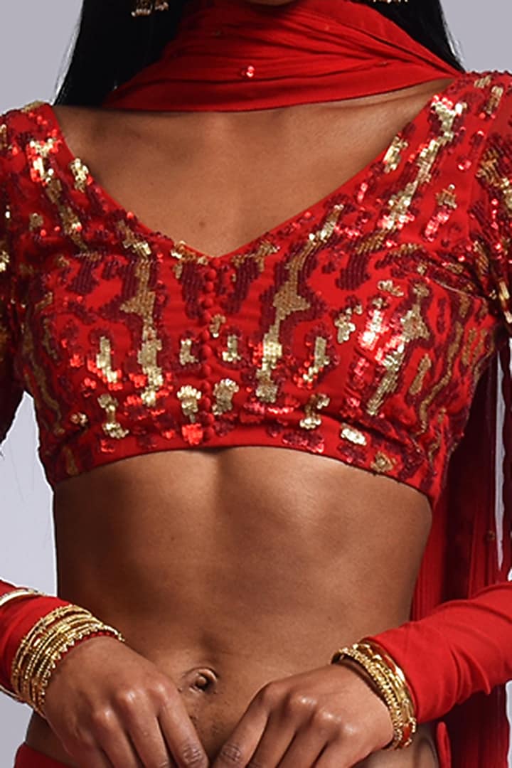Red Hand Embroidered Bridal Lehenga Set by Marichi at Pernia's Pop Up Shop