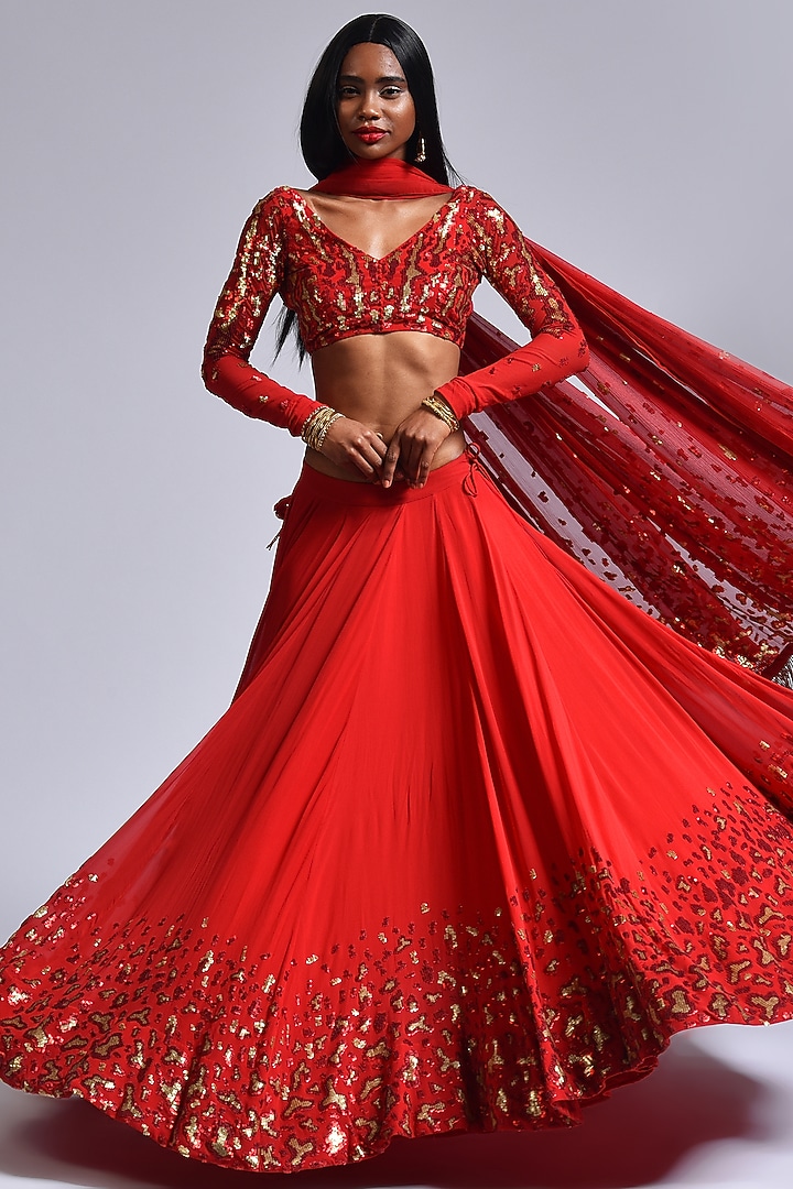 Red Hand Embroidered Bridal Lehenga Set by Marichi at Pernia's Pop Up Shop