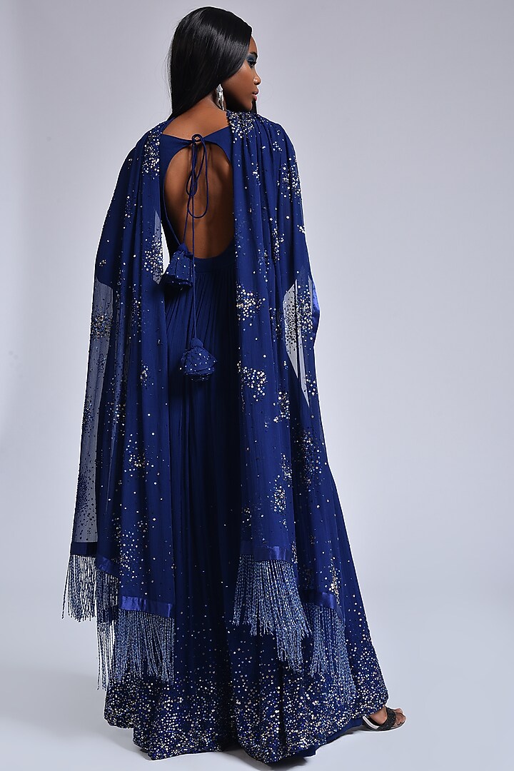 Midnight Blue Hand Embroidered Bridal Anarkali Set by Marichi at Pernia's Pop Up Shop