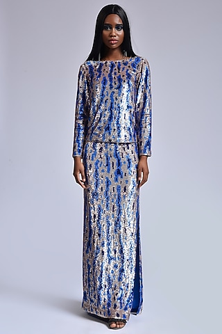 Champagne Pink & Blue Sequins Skirt Set by Marichi