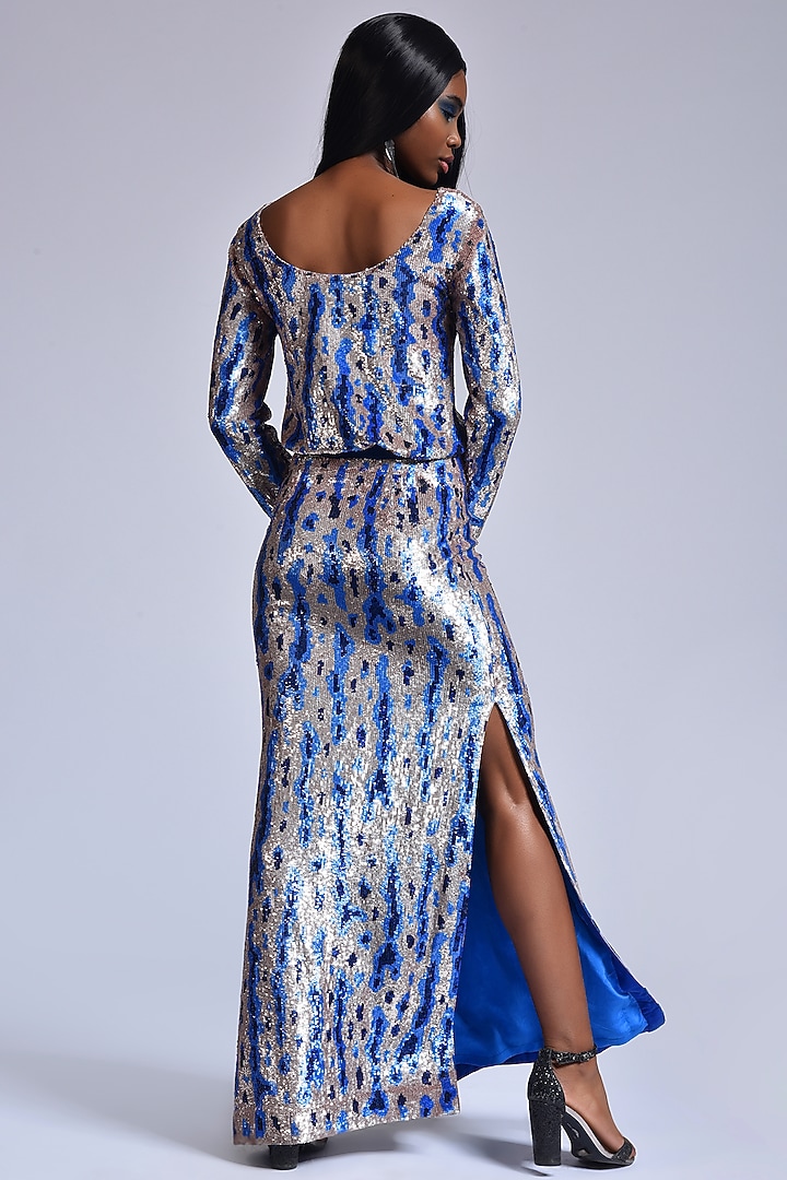 Champagne Pink & Blue Sequins Skirt Set by Marichi at Pernia's Pop Up Shop