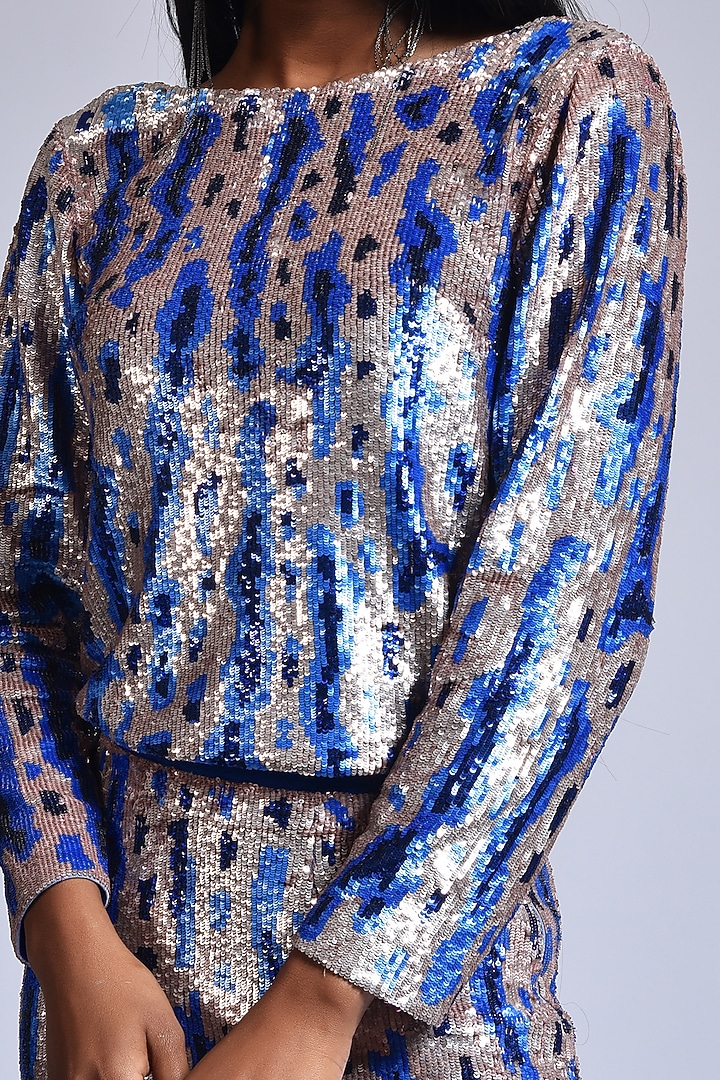 Champagne Pink & Blue Sequins Skirt Set by Marichi at Pernia's Pop Up Shop