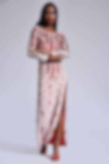 Dusty Pink & Red Embroidered Gown by Marichi