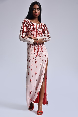 Dusty Pink & Red Embroidered Gown by Marichi