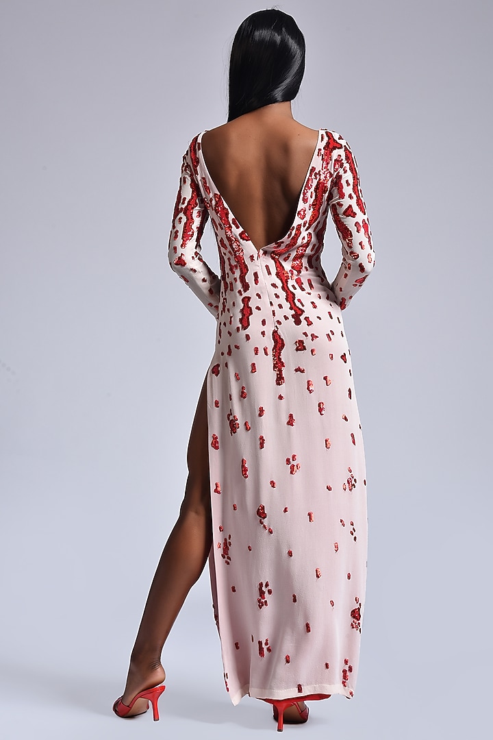 Dusty Pink & Red Embroidered Gown by Marichi at Pernia's Pop Up Shop