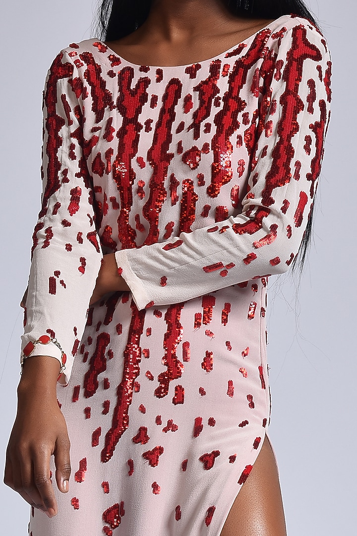 Dusty Pink & Red Embroidered Gown by Marichi at Pernia's Pop Up Shop