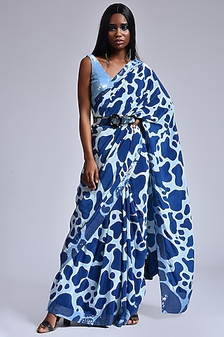 Pastel Blue & Deep Blue Digital Printed Cocktail Saree Set by Marichi