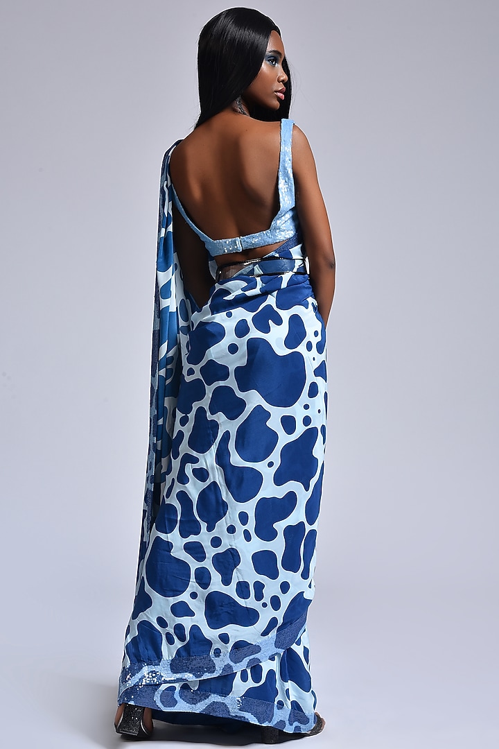 Pastel Blue & Deep Blue Digital Printed Cocktail Wedding Saree Set by Marichi at Pernia's Pop Up Shop