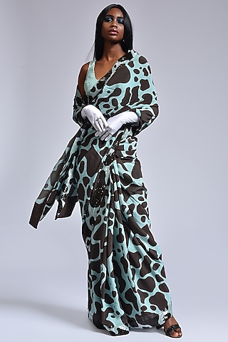 Green & Brown Digital Printed Cocktail Saree Set by Marichi