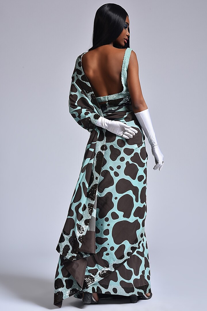 Green & Brown Digital Printed Cocktail Wedding Saree Set by Marichi at Pernia's Pop Up Shop