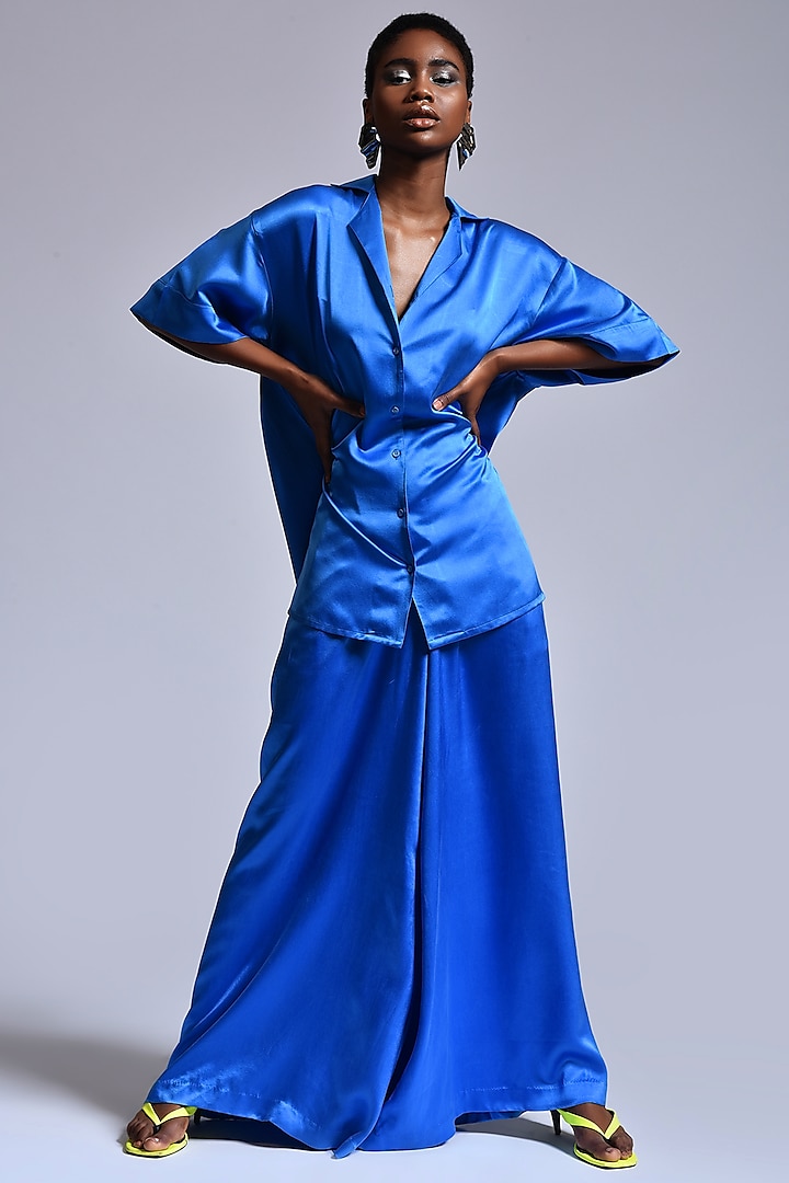 Cobalt Blue Silk Satin Pant Set by Marichi