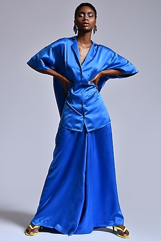 Cobalt Blue Silk Satin Pant Set by Marichi