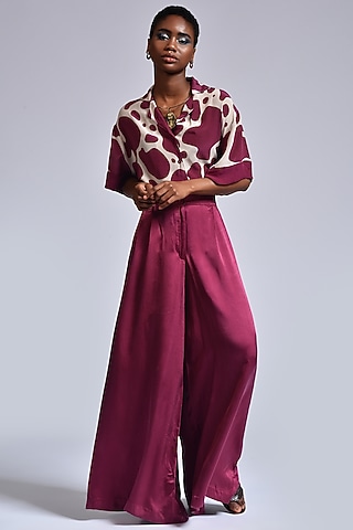 Chalk & Burgundy Silk Satin Pant Set by Marichi