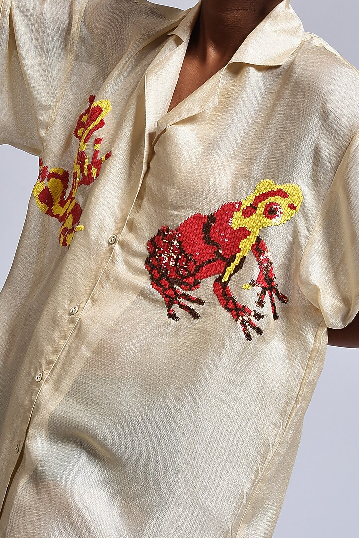 Beige Sequins Hand Embellished Shirt by Marichi at Pernia's Pop Up Shop