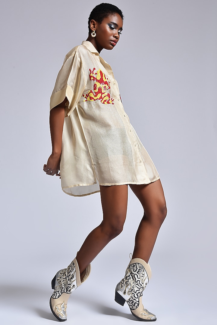 Beige Sequins Hand Embellished Shirt by Marichi at Pernia's Pop Up Shop