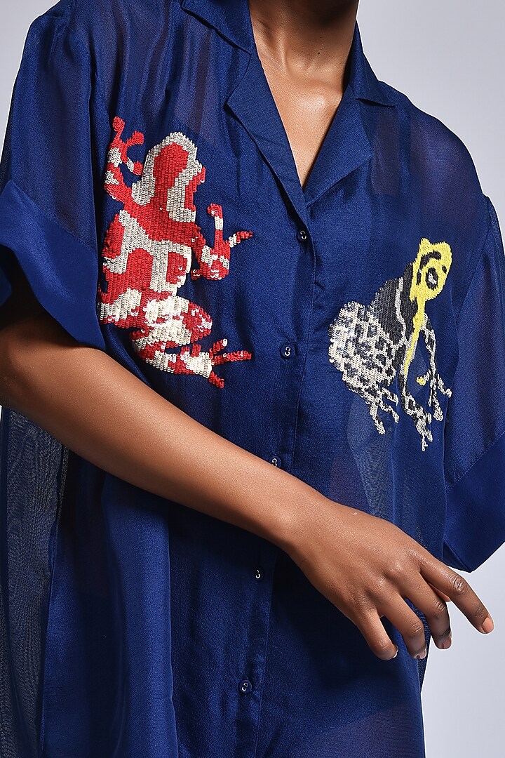 Blue Sequins Embellished Shirt by Marichi at Pernia's Pop Up Shop