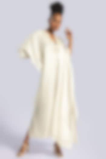 White Silk Hand Embroidered Kaftan by Marichi at Pernia's Pop Up Shop