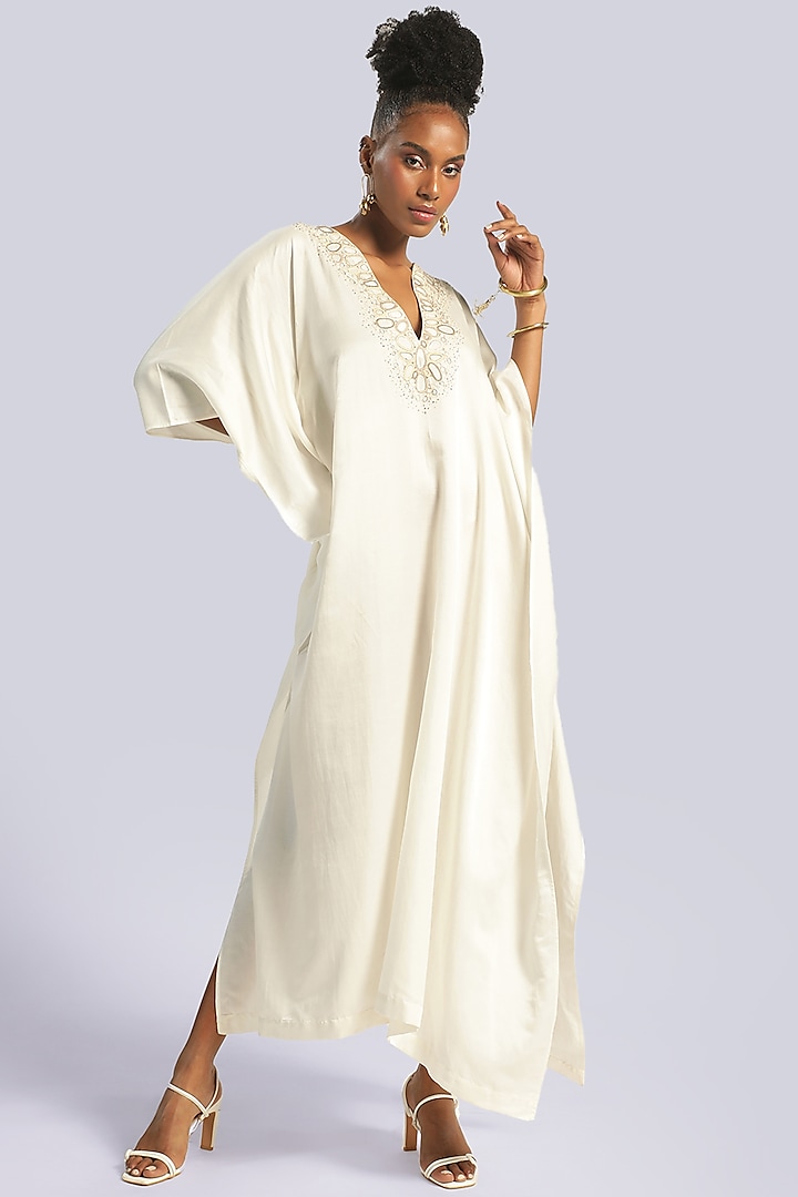 White Silk Hand Embroidered Kaftan by Marichi at Pernia's Pop Up Shop