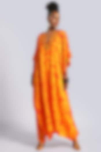 Orange Silk Hand Embroidered Kaftan by Marichi at Pernia's Pop Up Shop