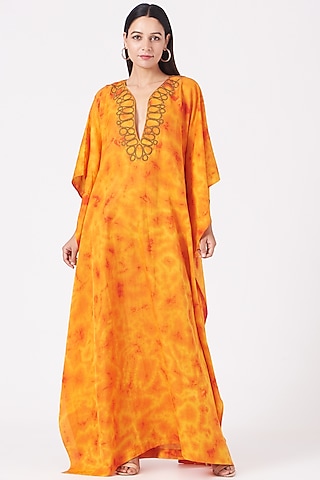 Mustard Hand Embroidered Kaftan by Marichi