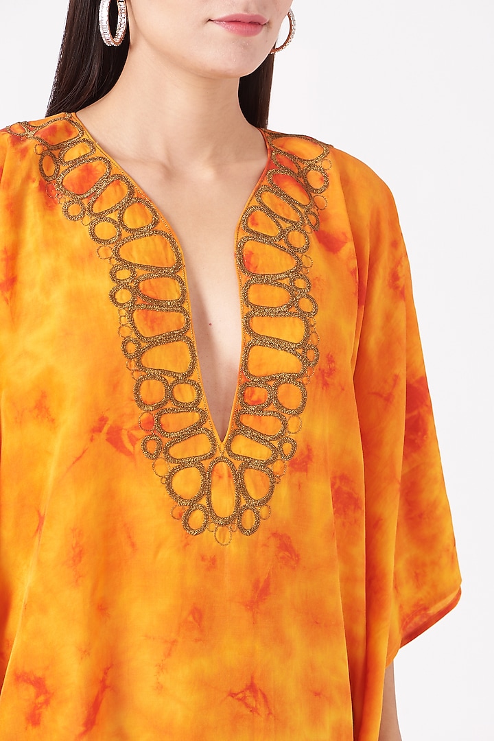 Mustard Hand Embroidered Kaftan by Marichi at Pernia's Pop Up Shop