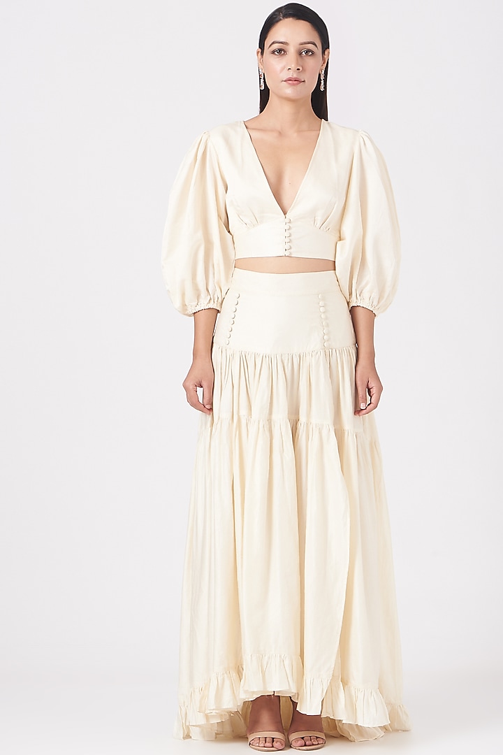 Cream Silk Top With Puffed Sleeves Design by Marichi at Pernia's Pop Up