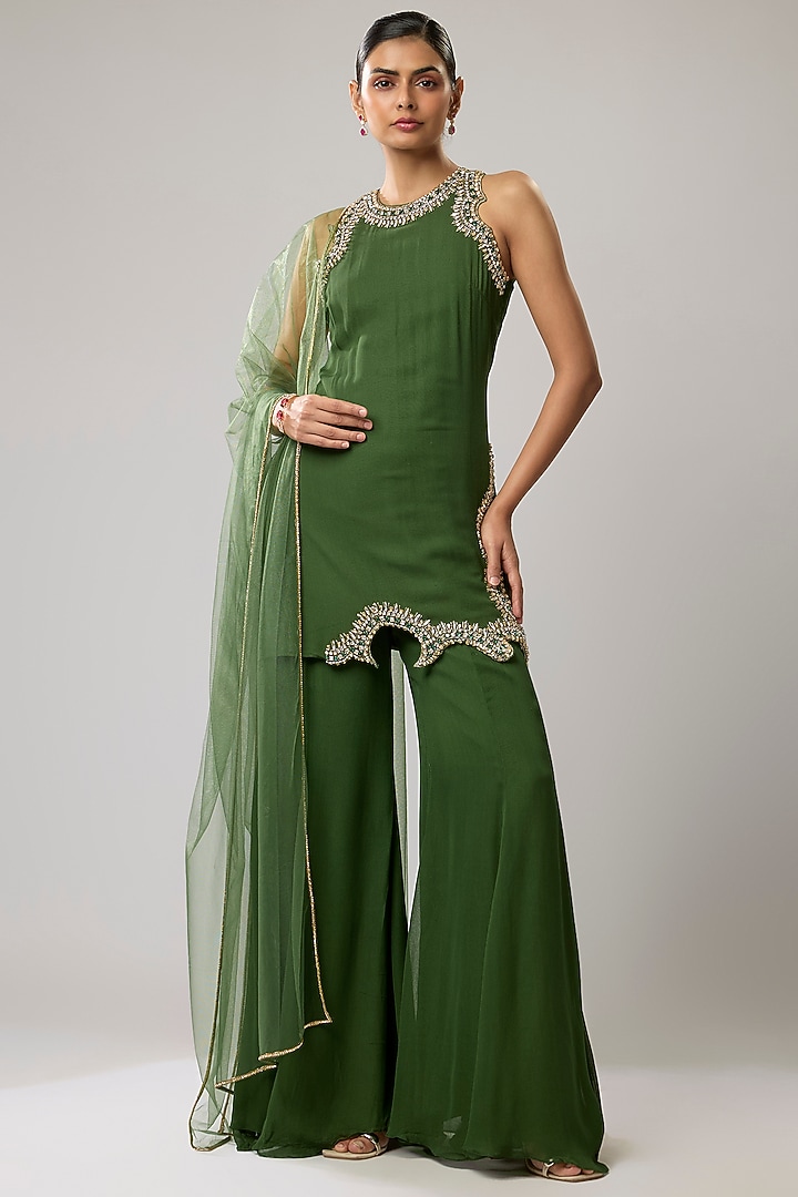 Green Pure Georgette Wedding Sharara Set by Mahek Rohra at Pernia's Pop Up Shop
