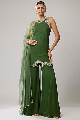 Green Pure Georgette Sharara Set by Mahek Rohra