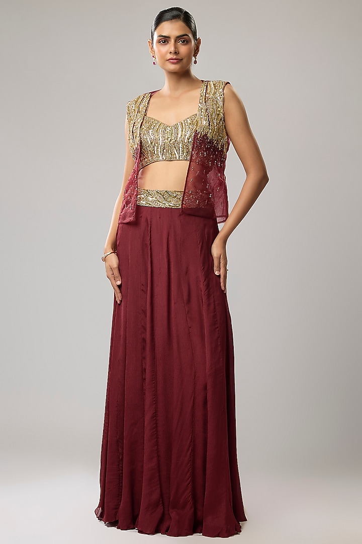 Maroon Net Hand Embroidered Jacket Set by Mahek Rohra at Pernia's Pop Up Shop