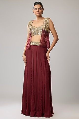 Maroon Net Hand Embroidered Jacket Set by Mahek Rohra