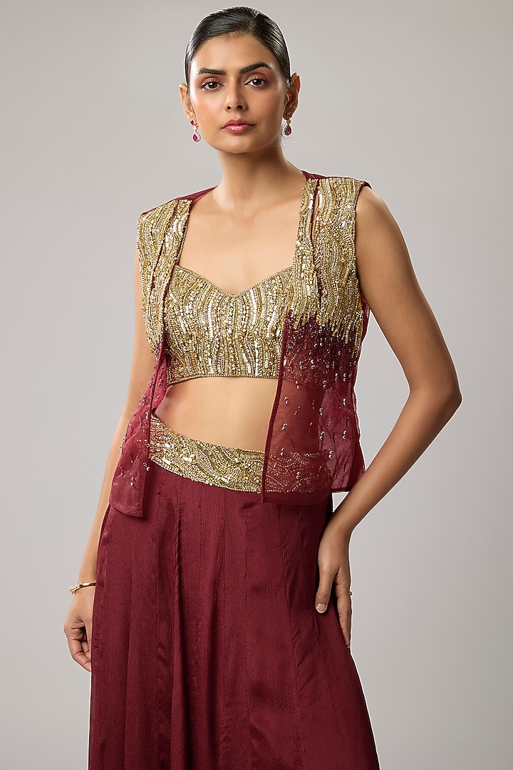 Maroon Net Hand Embroidered Jacket Set by Mahek Rohra at Pernia's Pop Up Shop