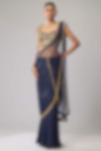 Blue Pure Chinon Hand Embroidered Stitched Wedding Saree Set by Mahek Rohra at Pernia's Pop Up Shop