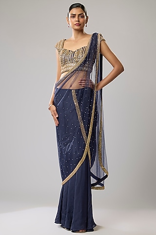 Blue Pure Chinon Hand Embroidered Stitched Saree Set by Mahek Rohra