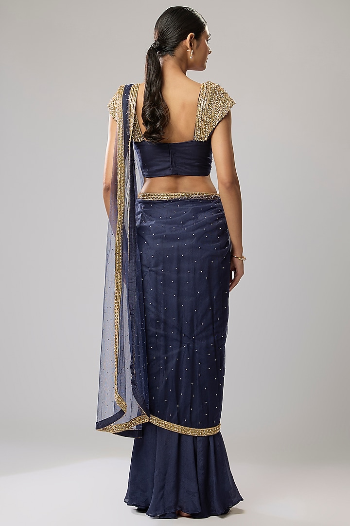 Blue Pure Chinon Hand Embroidered Stitched Wedding Saree Set by Mahek Rohra at Pernia's Pop Up Shop