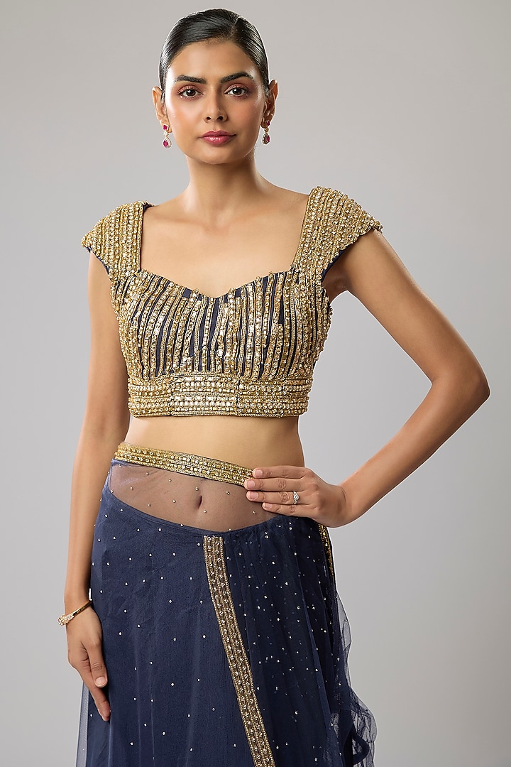 Blue Pure Chinon Hand Embroidered Stitched Wedding Saree Set by Mahek Rohra at Pernia's Pop Up Shop