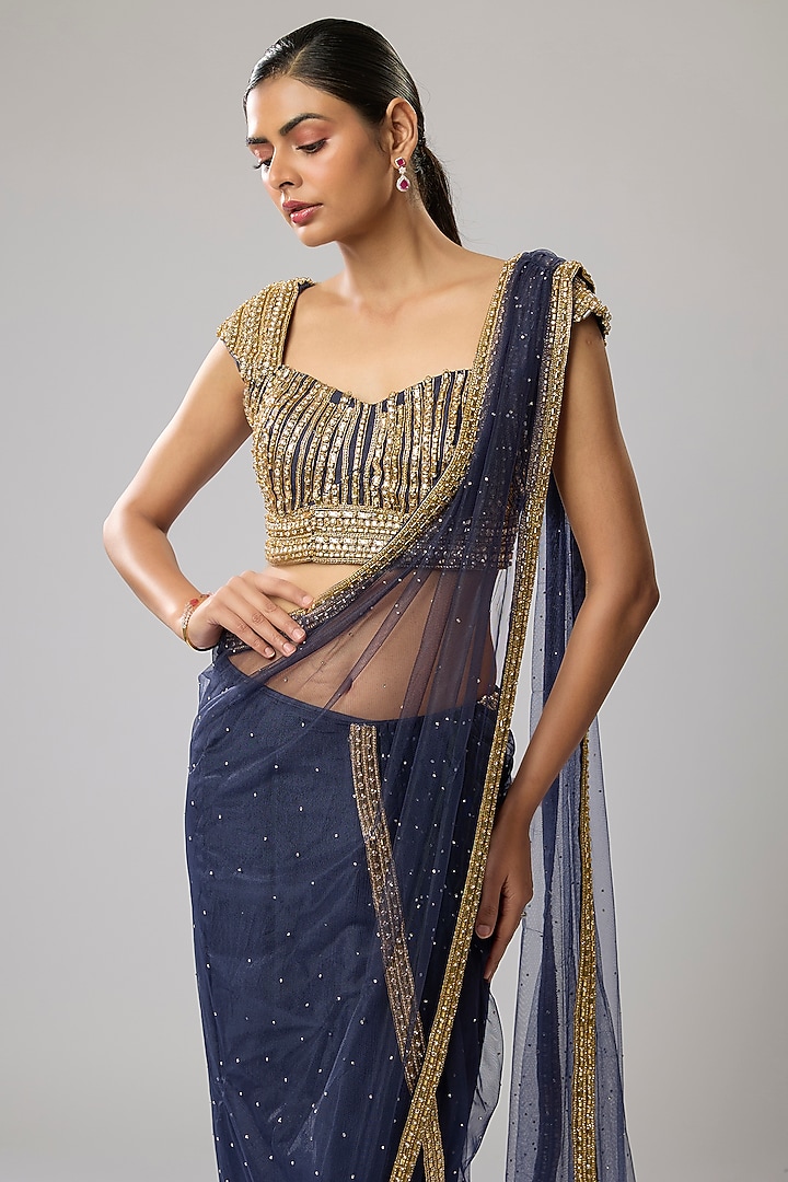 Blue Pure Chinon Hand Embroidered Stitched Wedding Saree Set by Mahek Rohra at Pernia's Pop Up Shop