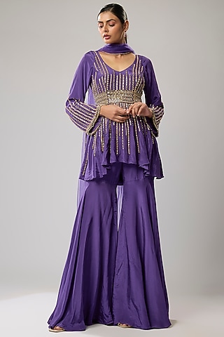 Purple Pure Crepe Sharara Set by Mahek Rohra