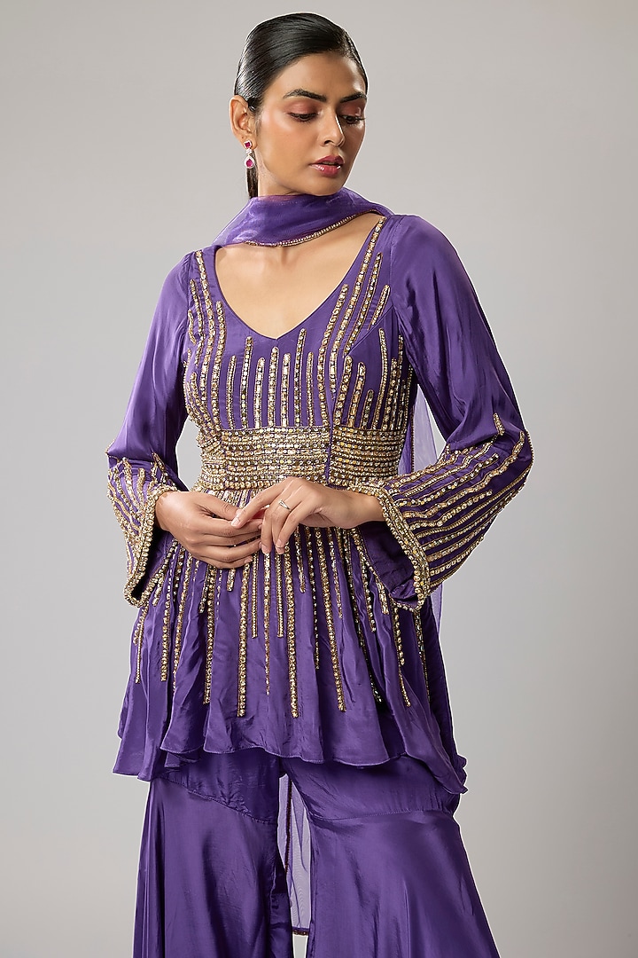 Purple Pure Crepe Wedding Sharara Set by Mahek Rohra at Pernia's Pop Up Shop