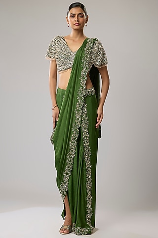 Green Pure Chiffon Hand Embroidered Draped Saree Set by Mahek Rohra