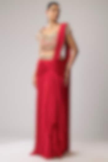 Pink Pure Chiffon Hand Embroidered Draped Wedding Saree Set by Mahek Rohra at Pernia's Pop Up Shop