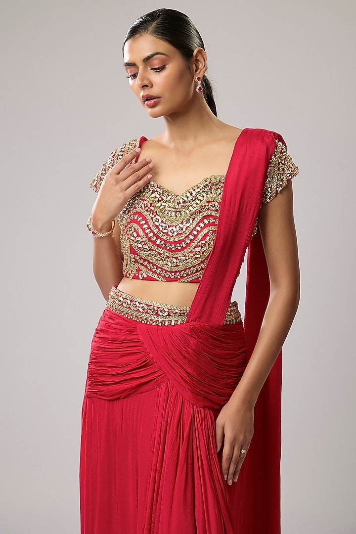 Pink Pure Chiffon Hand Embroidered Draped Wedding Saree Set by Mahek Rohra at Pernia's Pop Up Shop