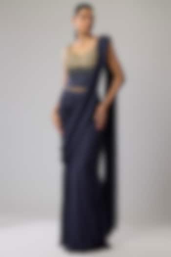 Blue Pure Georgette Hand Embroidered Stitched Wedding Saree Set by Mahek Rohra at Pernia's Pop Up Shop