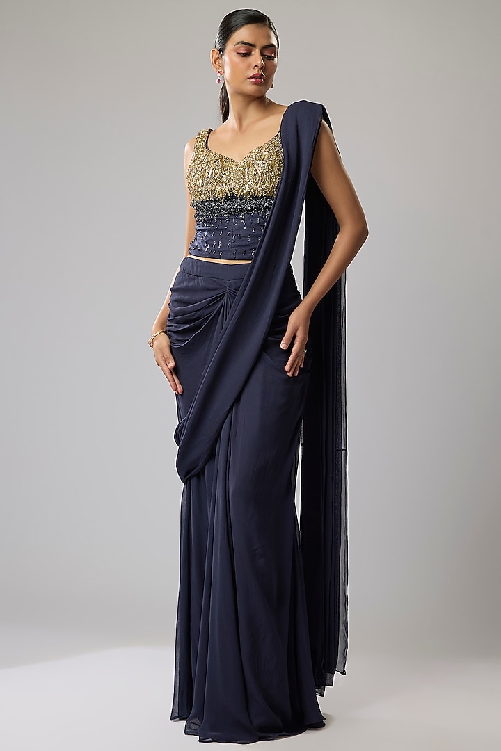 Blue Pure Georgette Hand Embroidered Stitched Wedding Saree Set by Mahek Rohra at Pernia's Pop Up Shop