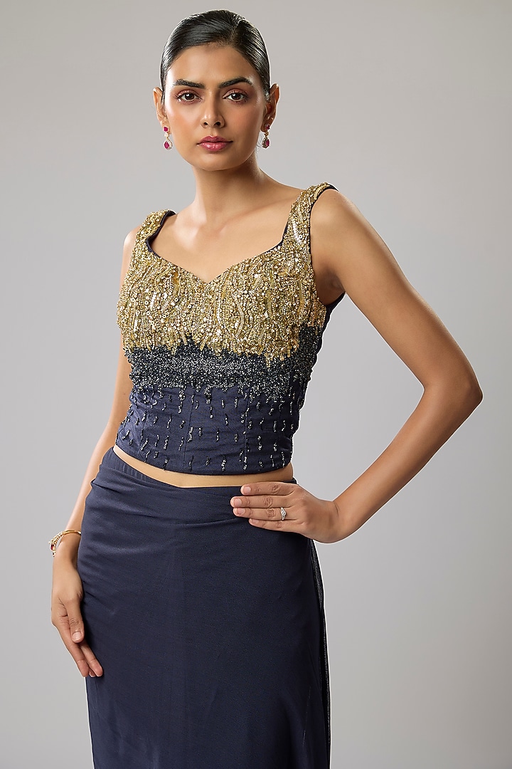 Blue Pure Georgette Hand Embroidered Stitched Wedding Saree Set by Mahek Rohra at Pernia's Pop Up Shop