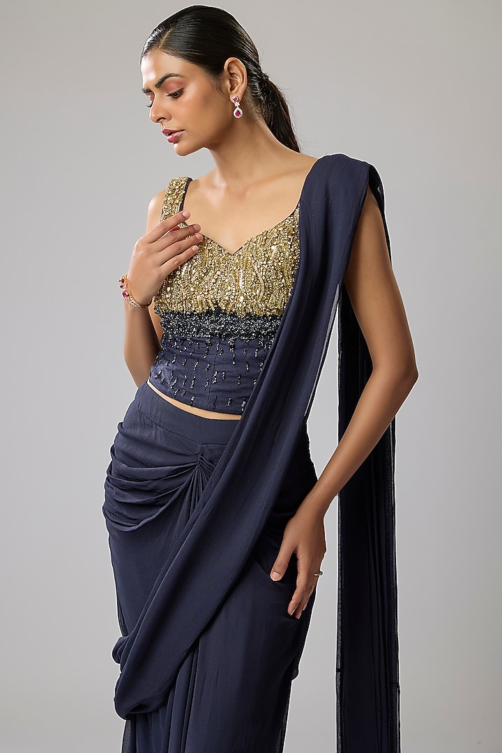 Blue Pure Georgette Hand Embroidered Stitched Wedding Saree Set by Mahek Rohra at Pernia's Pop Up Shop