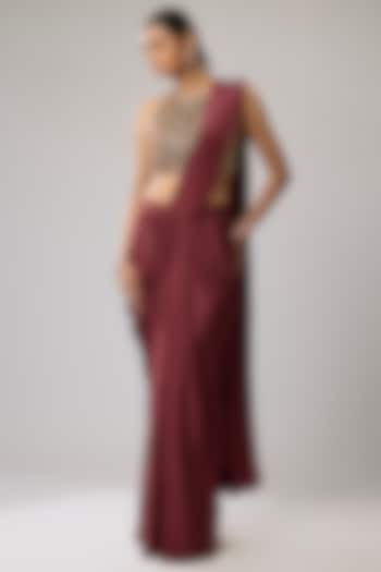Maroon Pure Crepe Hand Embroidered Draped Wedding Saree Set by Mahek Rohra at Pernia's Pop Up Shop