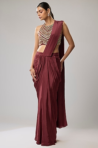 Maroon Pure Crepe Hand Embroidered Draped Saree Set by Mahek Rohra