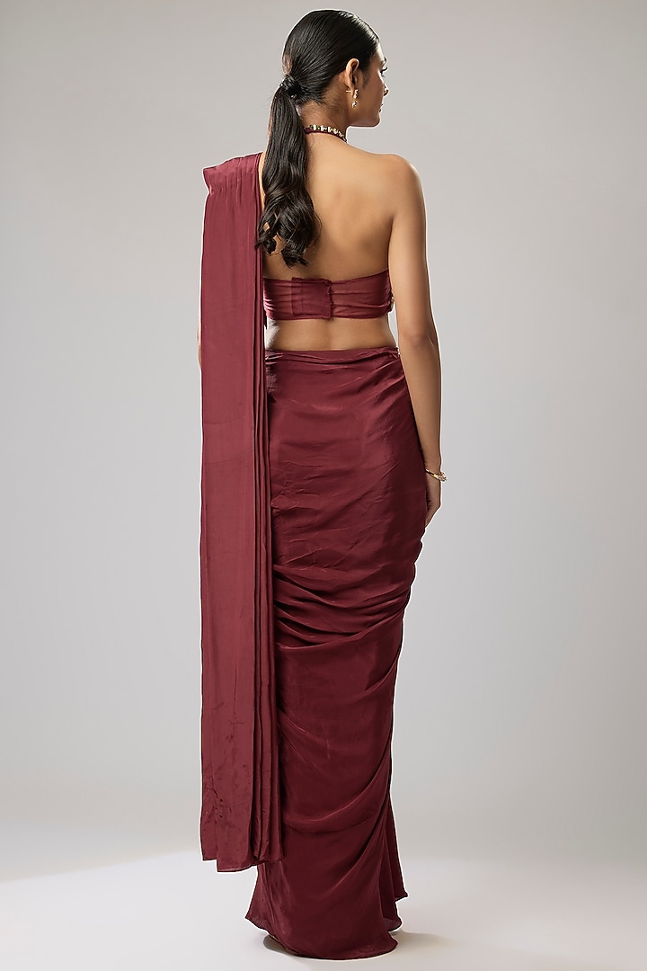 Maroon Pure Crepe Hand Embroidered Draped Wedding Saree Set by Mahek Rohra at Pernia's Pop Up Shop