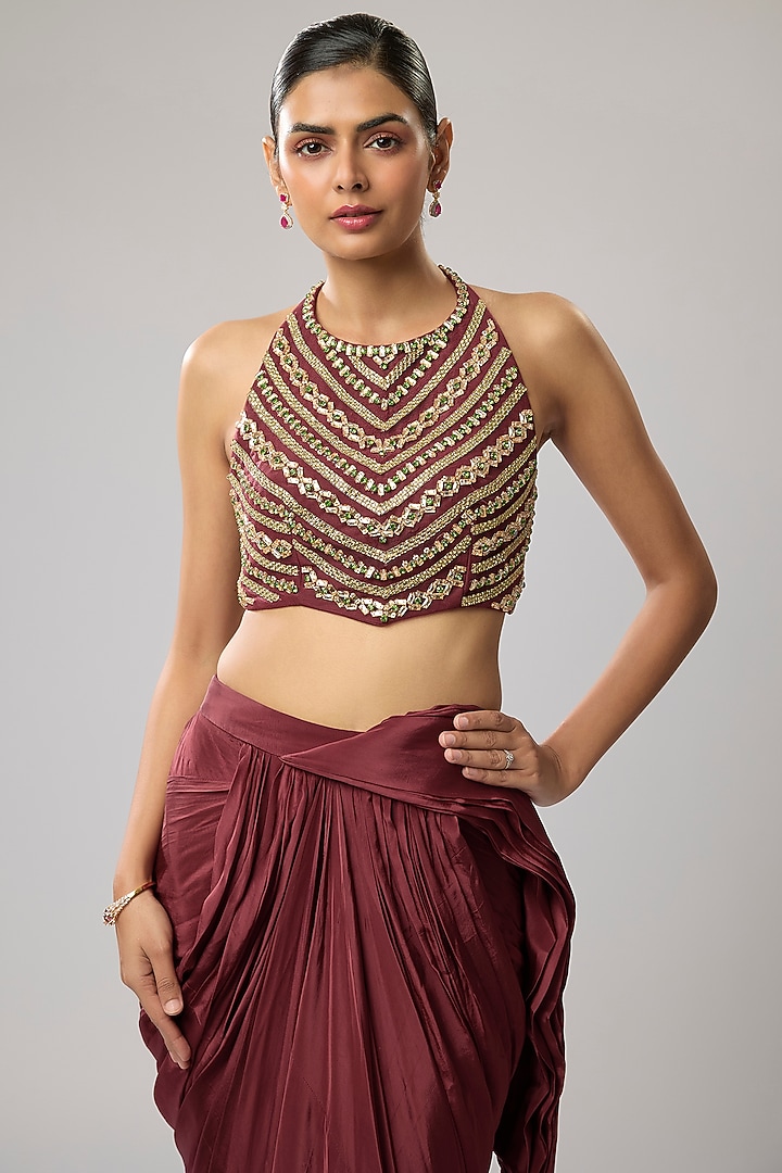 Maroon Pure Crepe Hand Embroidered Draped Wedding Saree Set by Mahek Rohra at Pernia's Pop Up Shop