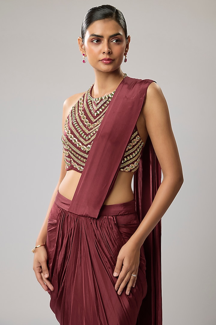 Maroon Pure Crepe Hand Embroidered Draped Wedding Saree Set by Mahek Rohra at Pernia's Pop Up Shop